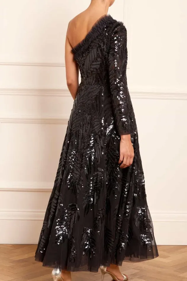 Needle and Thread Dresses Feather Sequin OneShoulder Ankle Gown Black 8211 Women