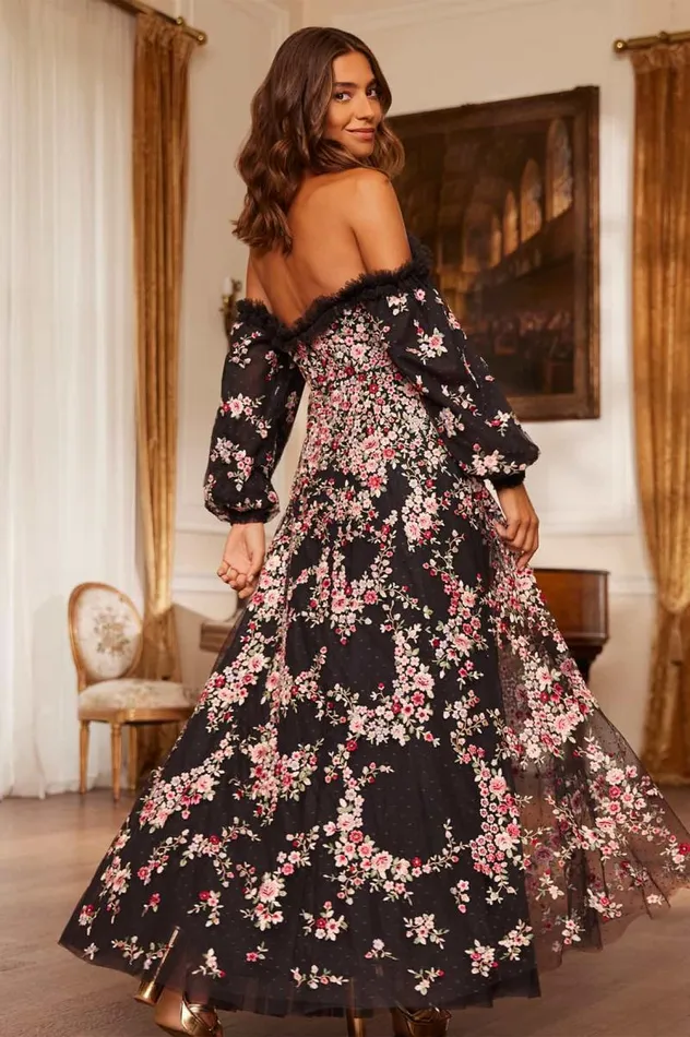 Needle and Thread Dresses Lunaria Wreath OffShoulder Long Sleeve Gown Black 8211 Women