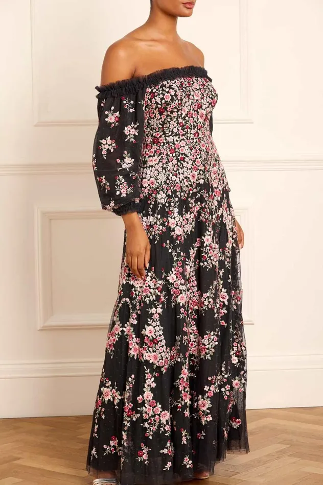 Needle and Thread Dresses Lunaria Wreath OffShoulder Long Sleeve Gown Black 8211 Women