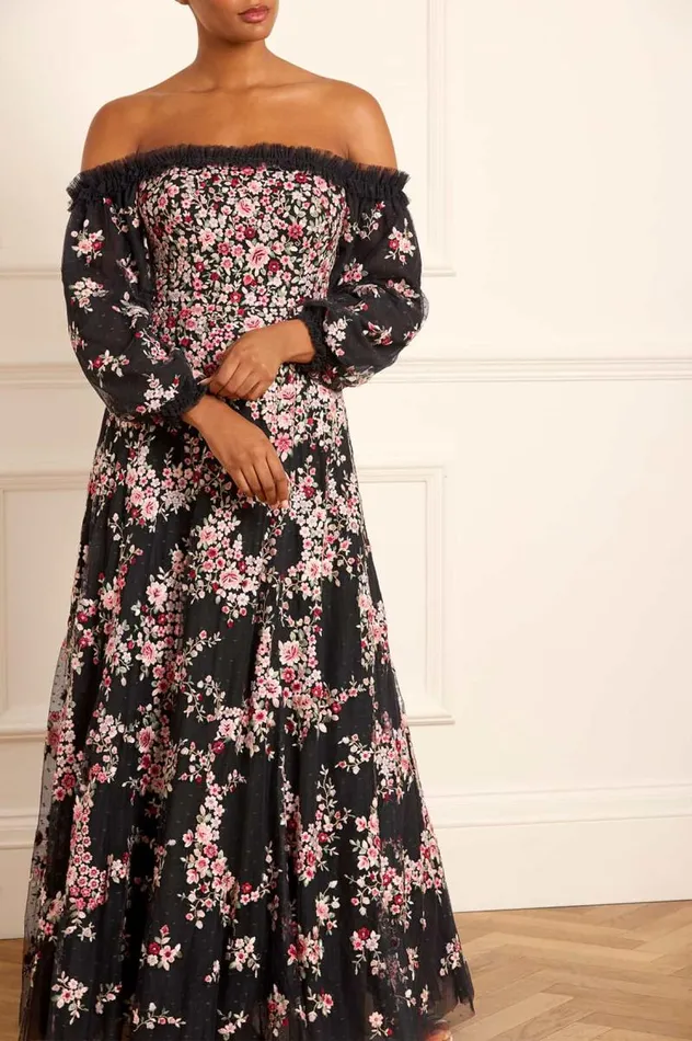 Needle and Thread Dresses Lunaria Wreath OffShoulder Long Sleeve Gown Black 8211 Women