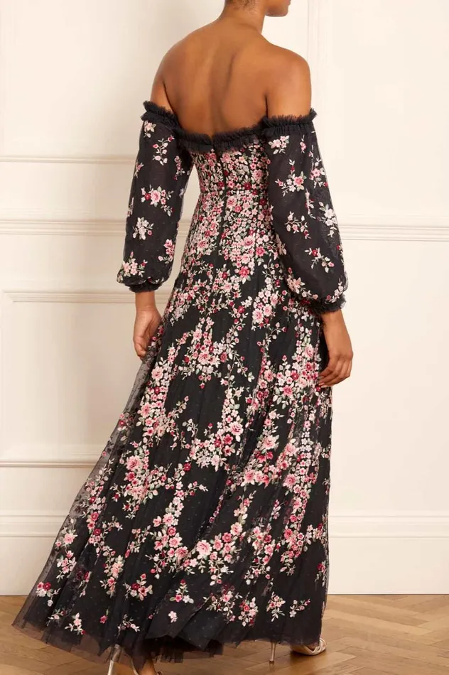 Needle and Thread Dresses Lunaria Wreath OffShoulder Long Sleeve Gown Black 8211 Women