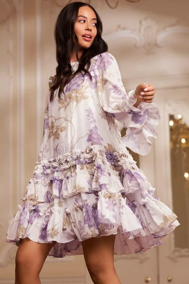 Needle and Thread Dresses Wisteria Chiffon Round Neck Mini Dress Multi 8211 Women