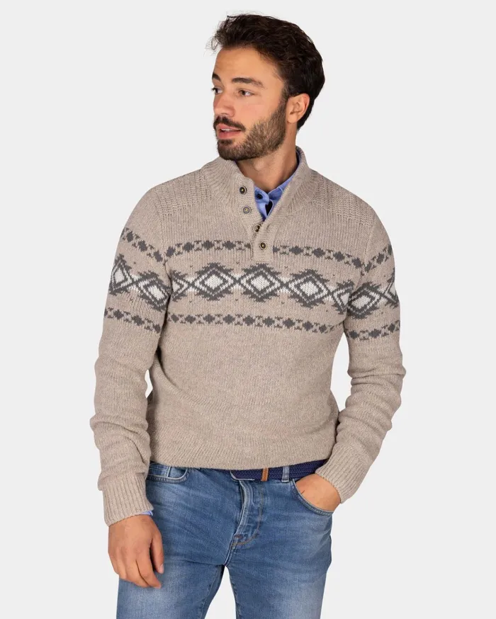 NZA New Zealand Auckland Knitwear Brown Pullover With Buttons And Black Pattern 8211 Chestnut 8211 Men