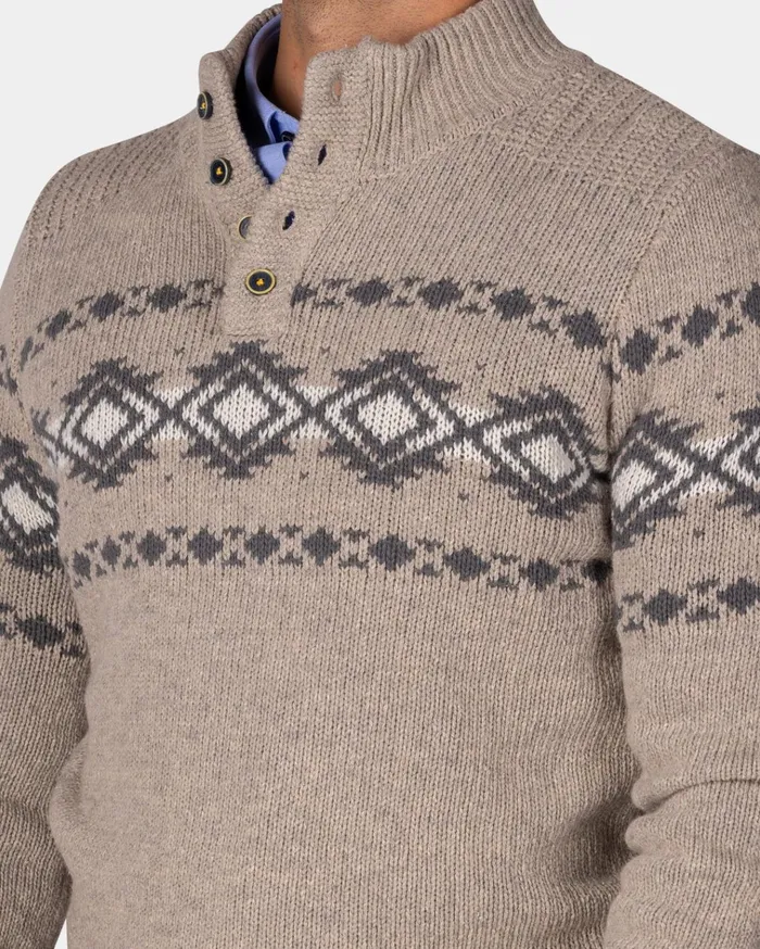 NZA New Zealand Auckland Knitwear Brown Pullover With Buttons And Black Pattern 8211 Chestnut 8211 Men