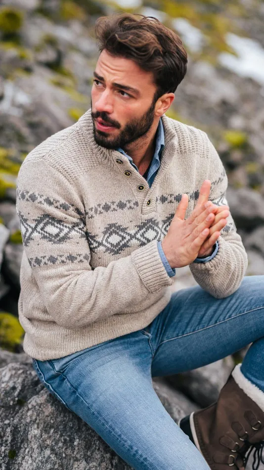 NZA New Zealand Auckland Knitwear Brown Pullover With Buttons And Black Pattern 8211 Chestnut 8211 Men