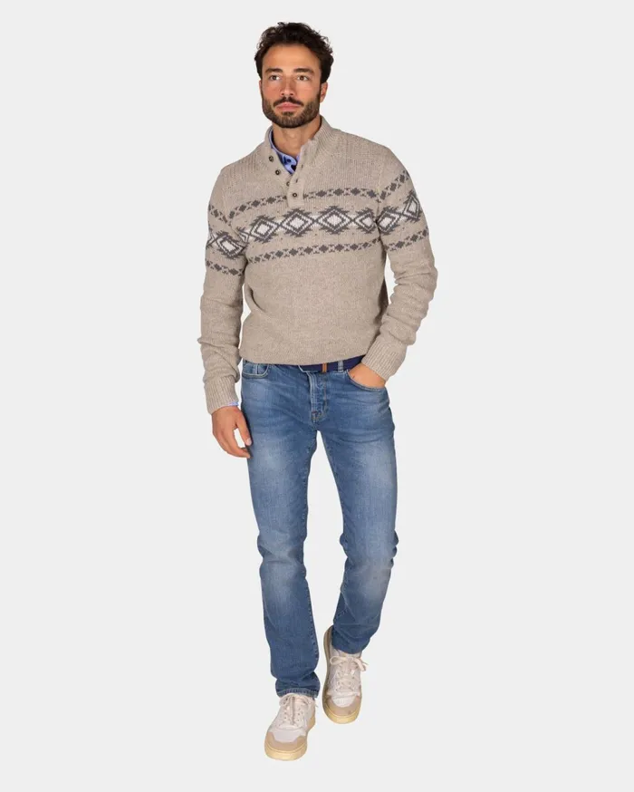 NZA New Zealand Auckland Knitwear Brown Pullover With Buttons And Black Pattern 8211 Chestnut 8211 Men