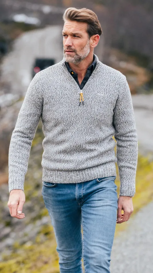 NZA New Zealand Auckland Knitwear Grey Wool HalfZip Pullover 8211 Birch Grey Melange 8211 Men