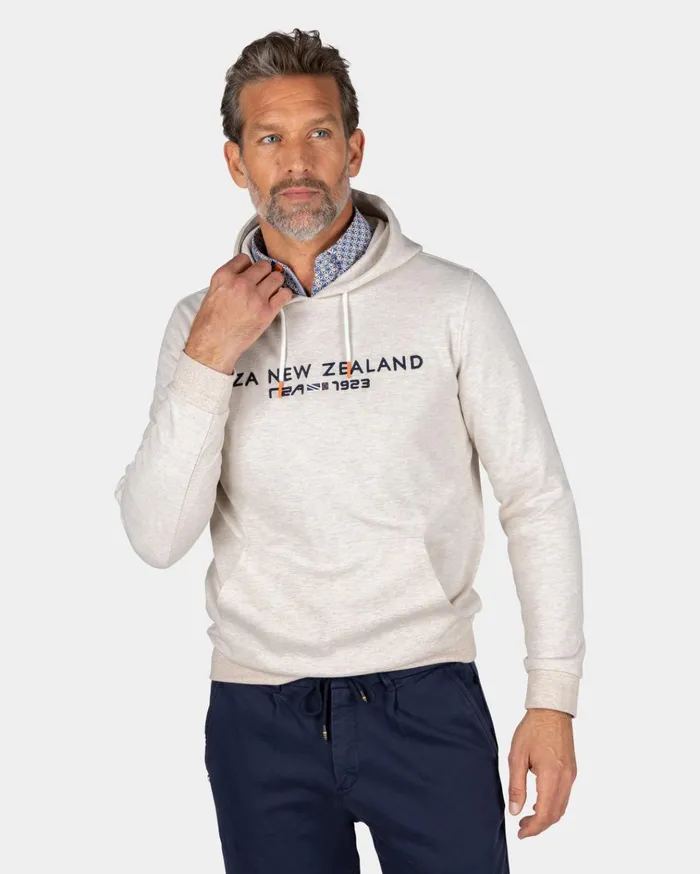 NZA New Zealand Auckland Sweatshirts Ecru Hoodie With Chest Text 8211 Powder Sand 8211 Men