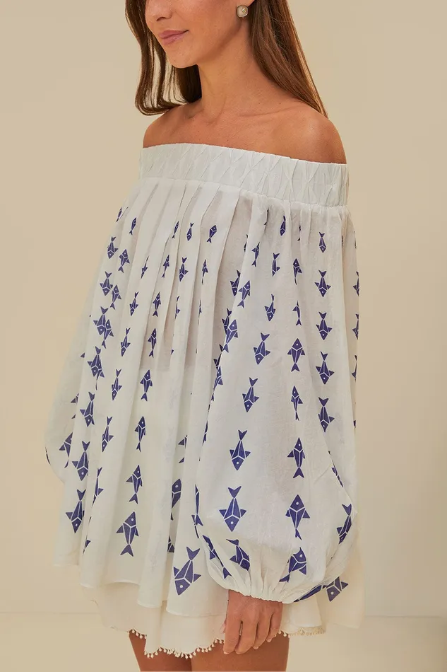 OffWhite Graphic Fishes OffShoulder Blouse Women Farm Rio Blouses