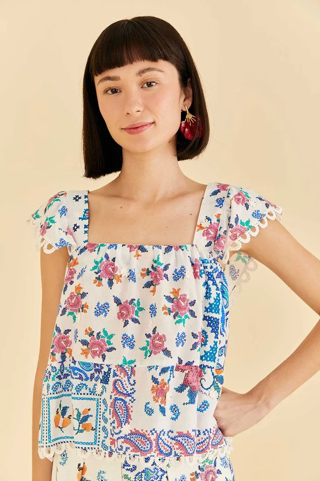 OffWhite Romantic Bandanas Blouse Women Farm Rio Blouses
