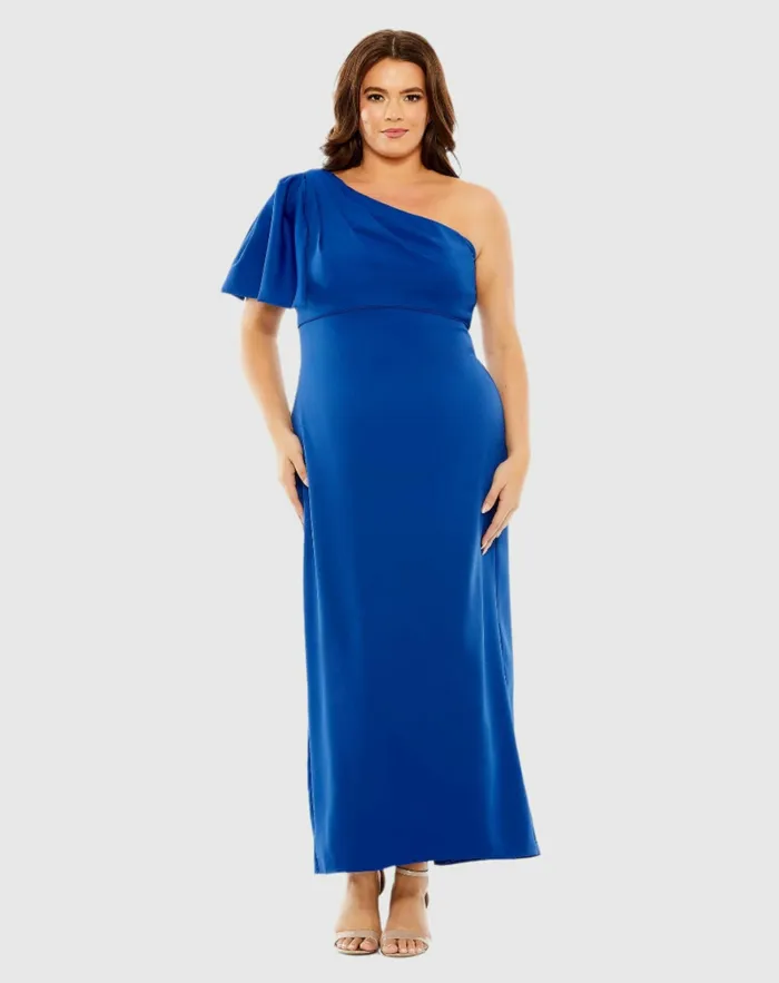 One Shoulder Tea Length Crepe Dress Plus 8211 FINAL SALE Cobalt Plus Size Dresses Mac Duggal Women