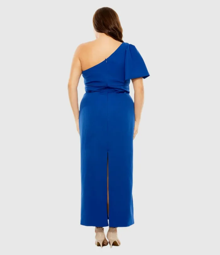One Shoulder Tea Length Crepe Dress Plus 8211 FINAL SALE Cobalt Plus Size Dresses Mac Duggal Women
