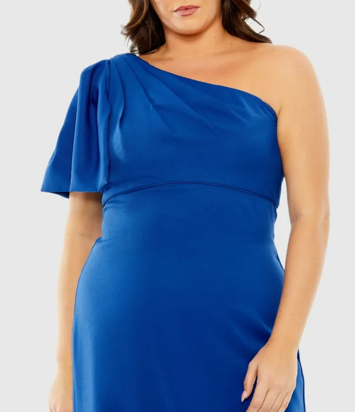 One Shoulder Tea Length Crepe Dress Plus 8211 FINAL SALE Cobalt Plus Size Dresses Mac Duggal Women