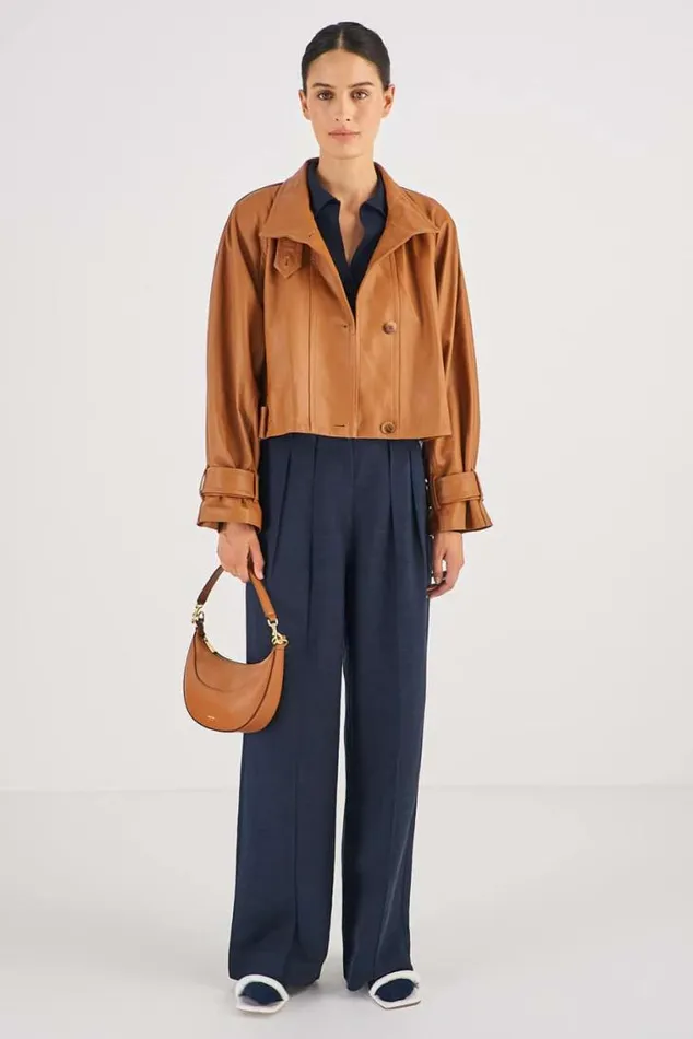Oroton Jackets and Outerwear Leather Cropped Trench Wicker 8211 Women