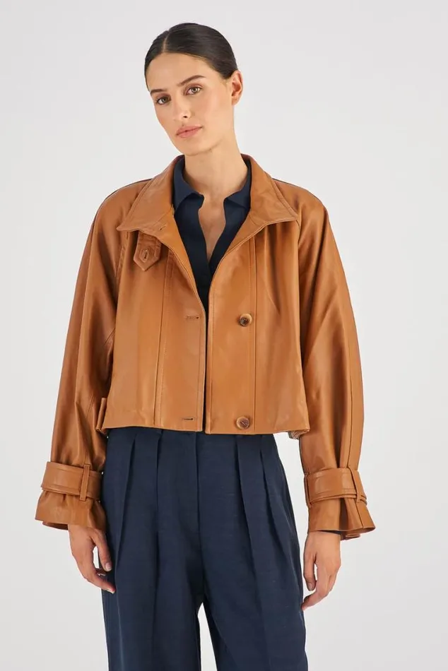 Oroton Jackets and Outerwear Leather Cropped Trench Wicker 8211 Women
