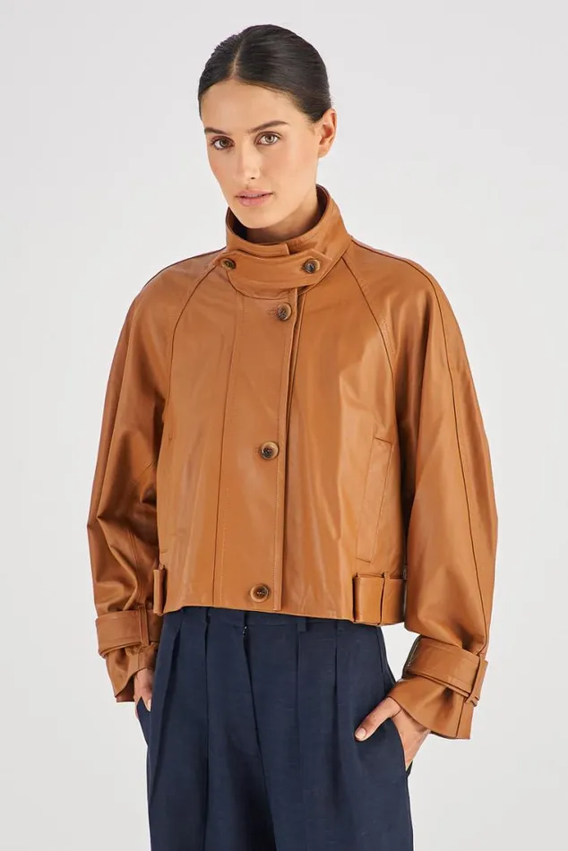 Oroton Jackets and Outerwear Leather Cropped Trench Wicker 8211 Women