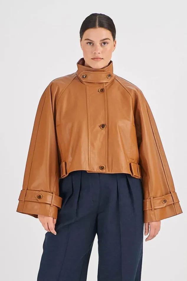 Oroton Jackets and Outerwear Leather Cropped Trench Wicker 8211 Women