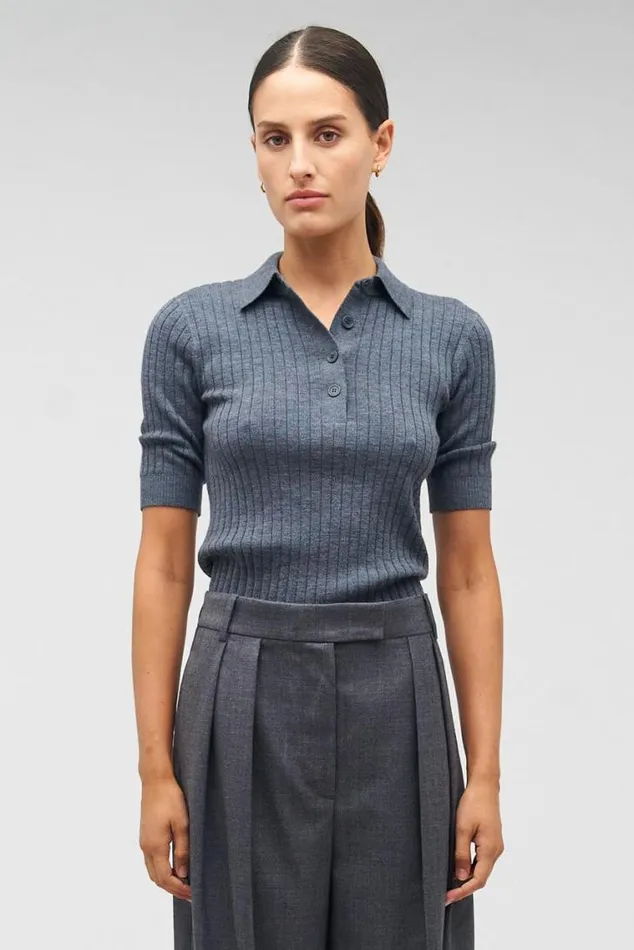 Oroton Knitwear Stitch Rib Polo Charcoal Marle 8211 Women