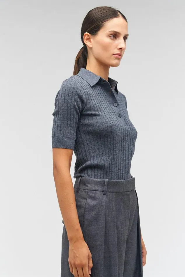 Oroton Knitwear Stitch Rib Polo Charcoal Marle 8211 Women