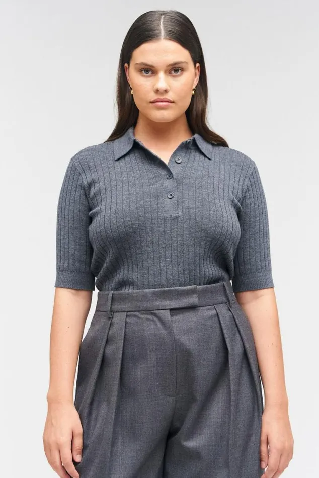 Oroton Knitwear Stitch Rib Polo Charcoal Marle 8211 Women