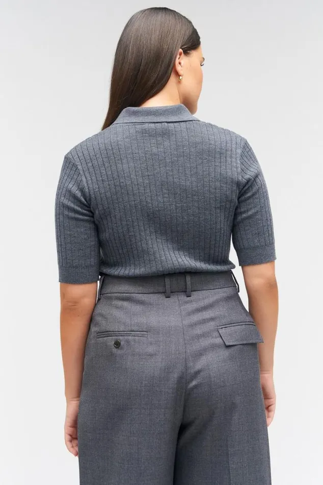 Oroton Knitwear Stitch Rib Polo Charcoal Marle 8211 Women