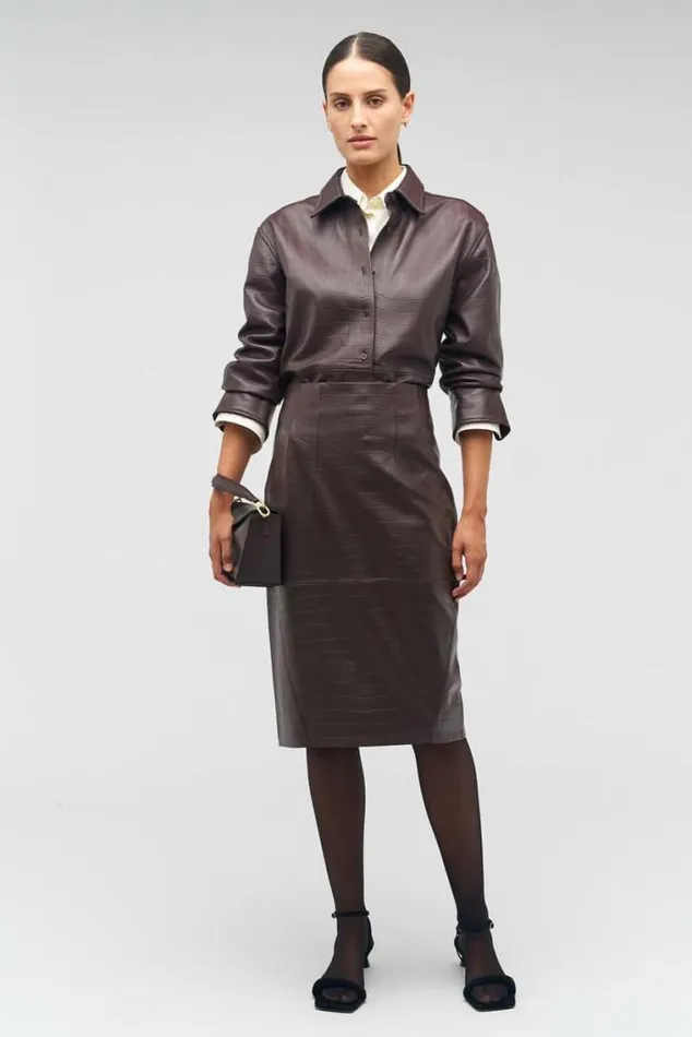 Oroton Suiting Embossed Croc Long Sleeve Overshirt Burgundy 8211 Women