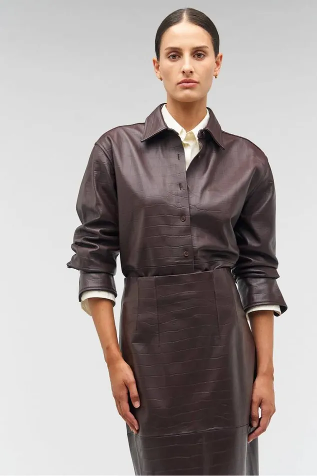 Oroton Suiting Embossed Croc Long Sleeve Overshirt Burgundy 8211 Women