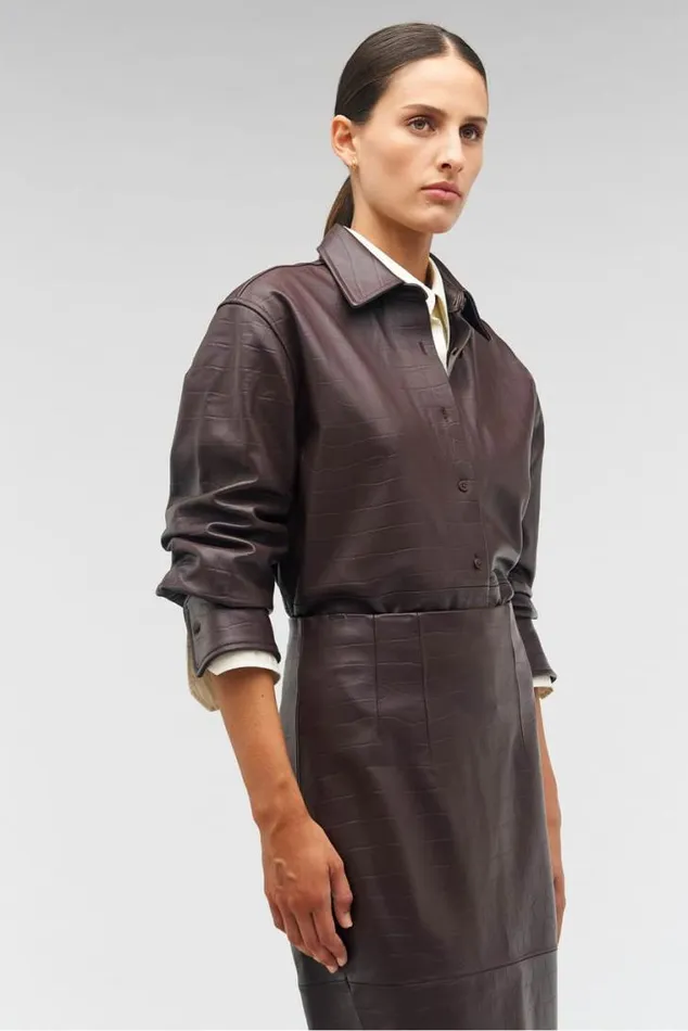 Oroton Suiting Embossed Croc Long Sleeve Overshirt Burgundy 8211 Women