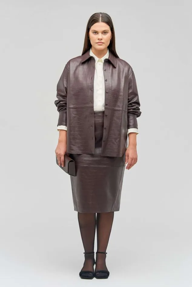 Oroton Suiting Embossed Croc Long Sleeve Overshirt Burgundy 8211 Women