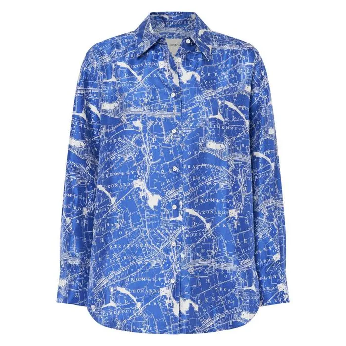 Oroton Tops Long Sleeve Map Print Camp Shirt Indigo 8211 Women