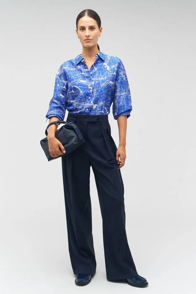 Oroton Tops Long Sleeve Map Print Camp Shirt Indigo 8211 Women
