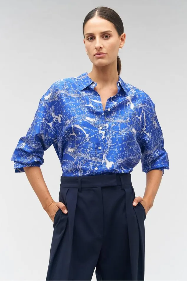 Oroton Tops Long Sleeve Map Print Camp Shirt Indigo 8211 Women