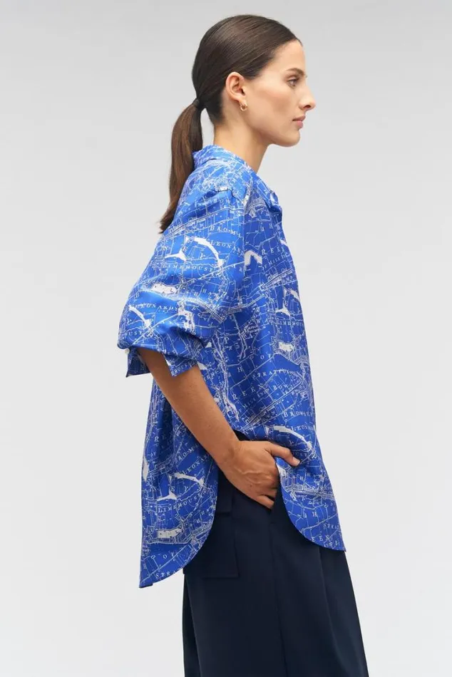 Oroton Tops Long Sleeve Map Print Camp Shirt Indigo 8211 Women