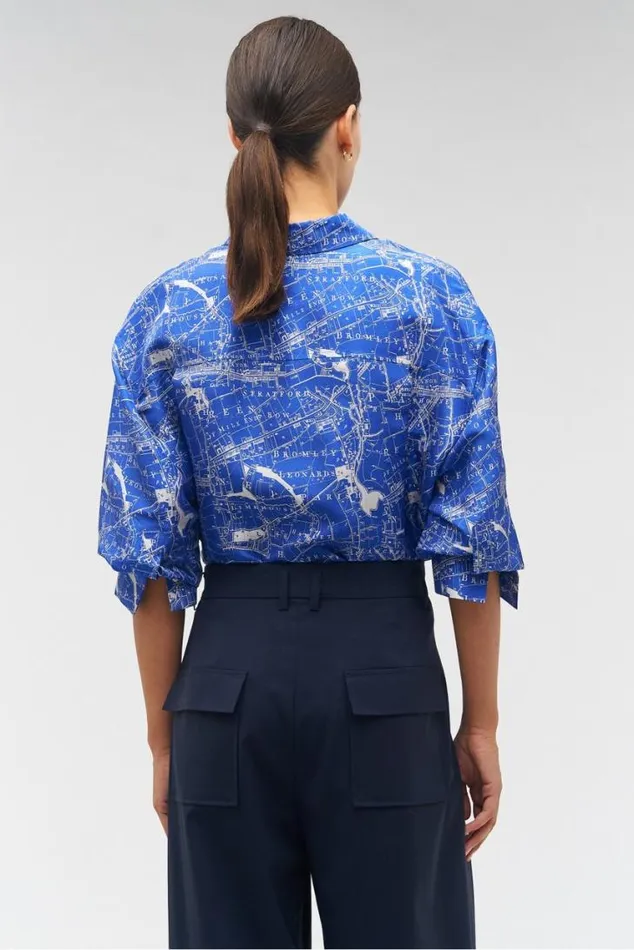 Oroton Tops Long Sleeve Map Print Camp Shirt Indigo 8211 Women
