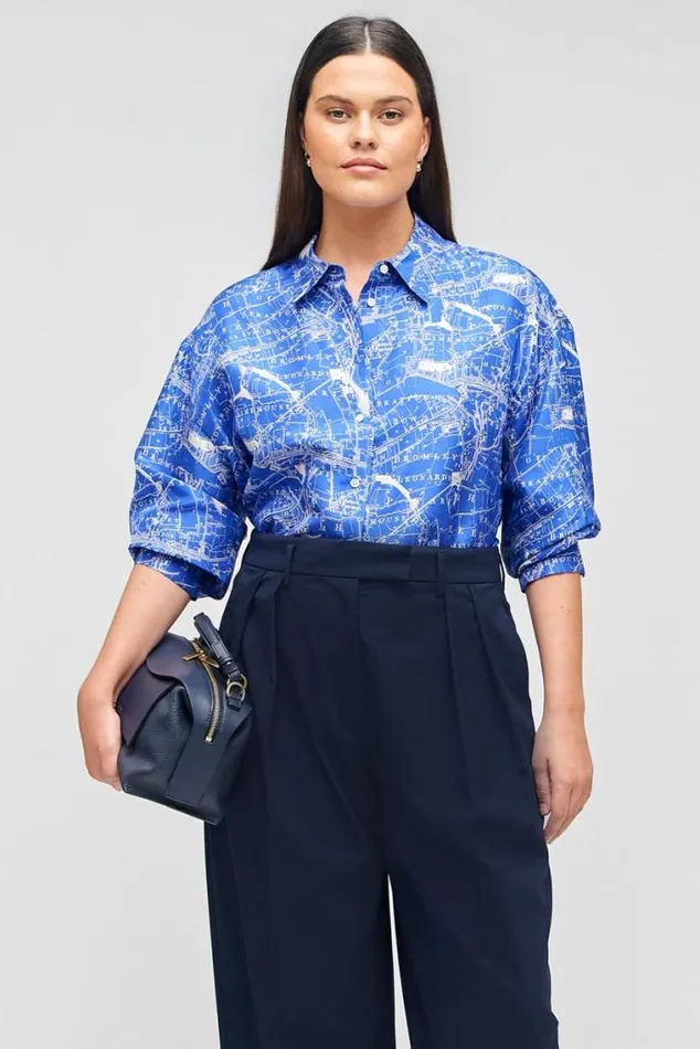 Oroton Tops Long Sleeve Map Print Camp Shirt Indigo 8211 Women