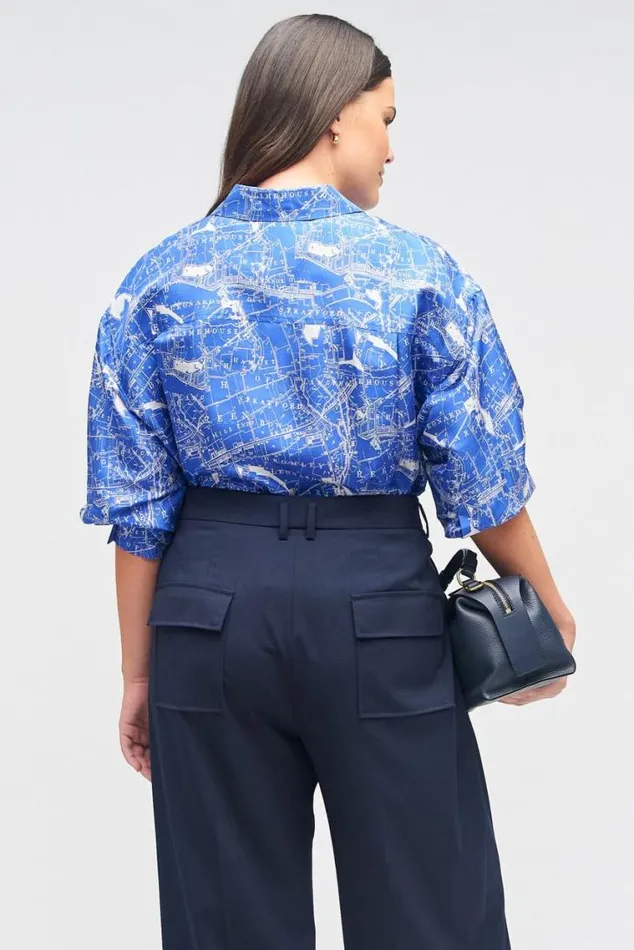 Oroton Tops Long Sleeve Map Print Camp Shirt Indigo 8211 Women