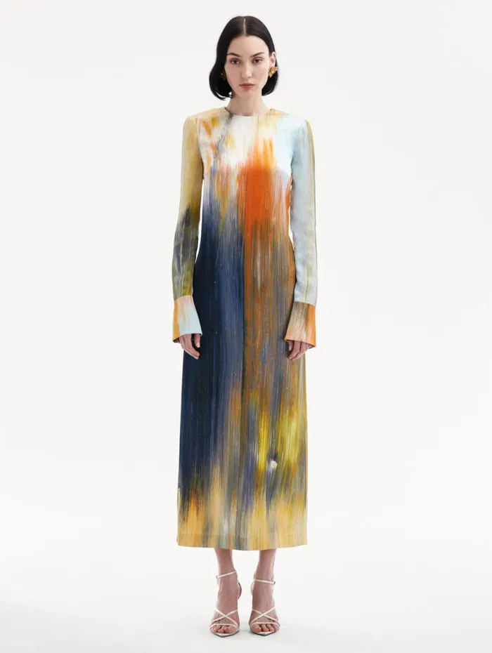 Oscar De La Renta Abstract Brushstroke Marocaine Dress Calendula Multi Women Dresses Oscar De La Renta Abstract Brushstroke Marocaine Dress Calendula Multi Women Dresses