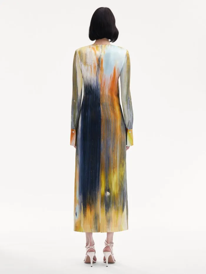 Oscar De La Renta Abstract Brushstroke Marocaine Dress Calendula Multi Women Dresses Oscar De La Renta Abstract Brushstroke Marocaine Dress Calendula Multi Women Dresses