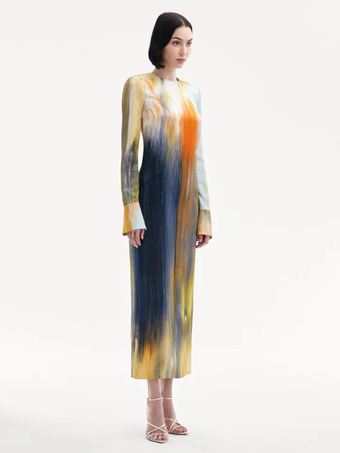 Oscar De La Renta Abstract Brushstroke Marocaine Dress Calendula Multi Women Dresses Oscar De La Renta Abstract Brushstroke Marocaine Dress Calendula Multi Women Dresses