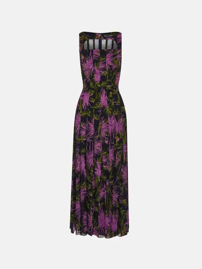 Oscar De La Renta Chrysanthemum Chiffon Inset Dress Purple Navy Women Dresses