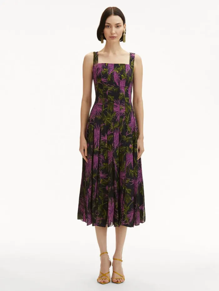 Oscar De La Renta Chrysanthemum Chiffon Inset Dress Purple Navy Women Dresses