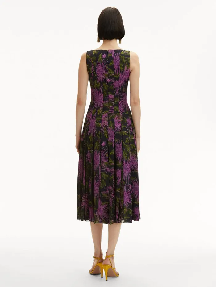 Oscar De La Renta Chrysanthemum Chiffon Inset Dress Purple Navy Women Dresses