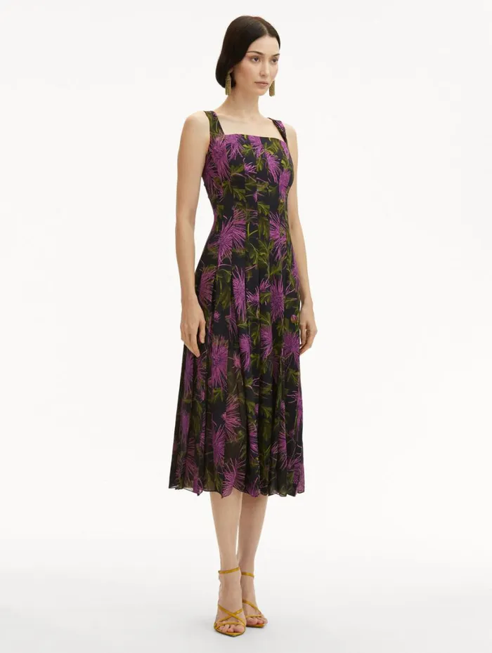 Oscar De La Renta Chrysanthemum Chiffon Inset Dress Purple Navy Women Dresses