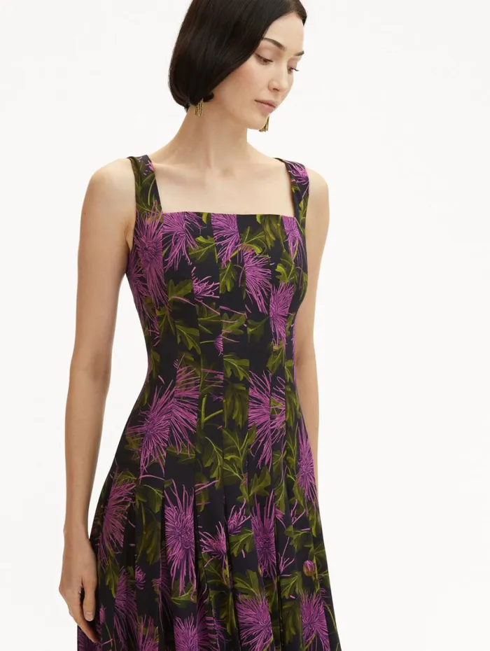 Oscar De La Renta Chrysanthemum Chiffon Inset Dress Purple Navy Women Dresses