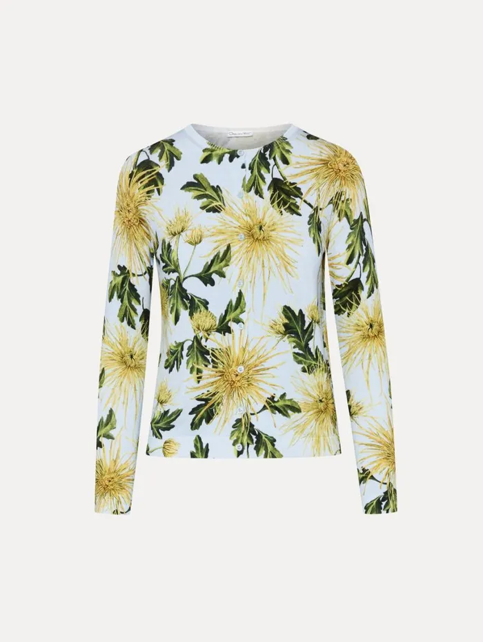 Oscar De La Renta Chrysanthemum Printed Cardigan Yellow Light Blue Women Blouses and Knits