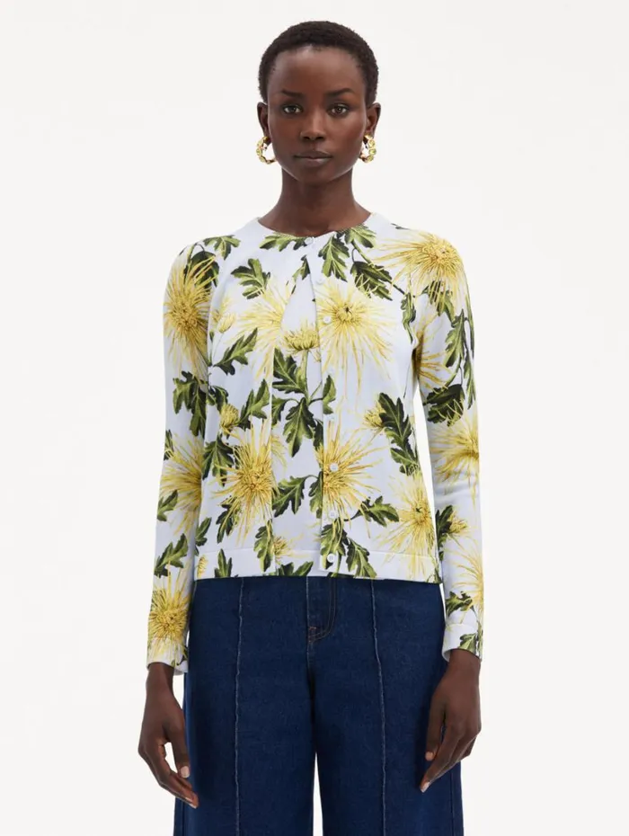 Oscar De La Renta Chrysanthemum Printed Cardigan Yellow Light Blue Women Blouses and Knits