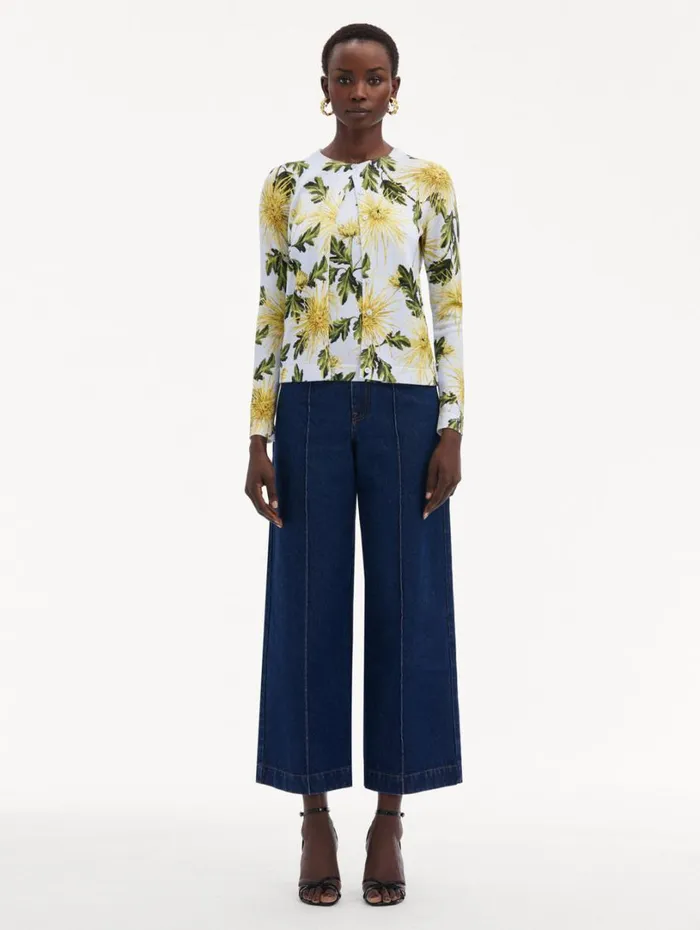Oscar De La Renta Chrysanthemum Printed Cardigan Yellow Light Blue Women Blouses and Knits