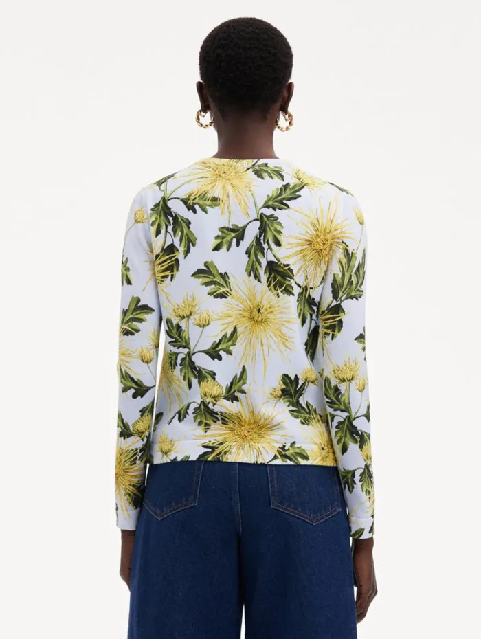 Oscar De La Renta Chrysanthemum Printed Cardigan Yellow Light Blue Women Blouses and Knits