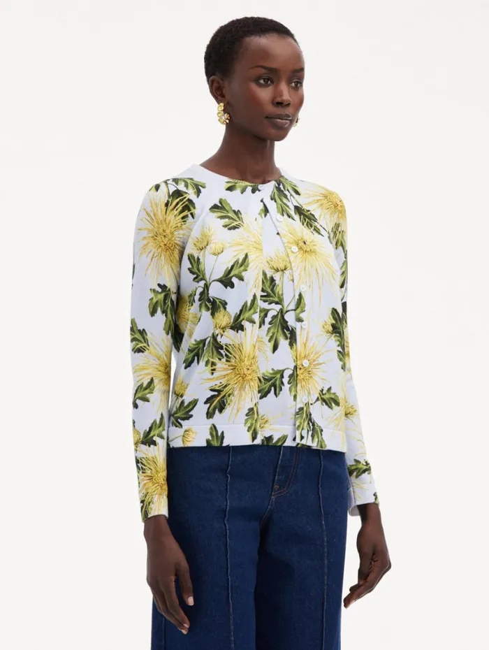 Oscar De La Renta Chrysanthemum Printed Cardigan Yellow Light Blue Women Blouses and Knits