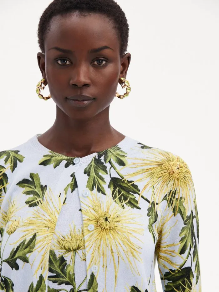Oscar De La Renta Chrysanthemum Printed Cardigan Yellow Light Blue Women Blouses and Knits
